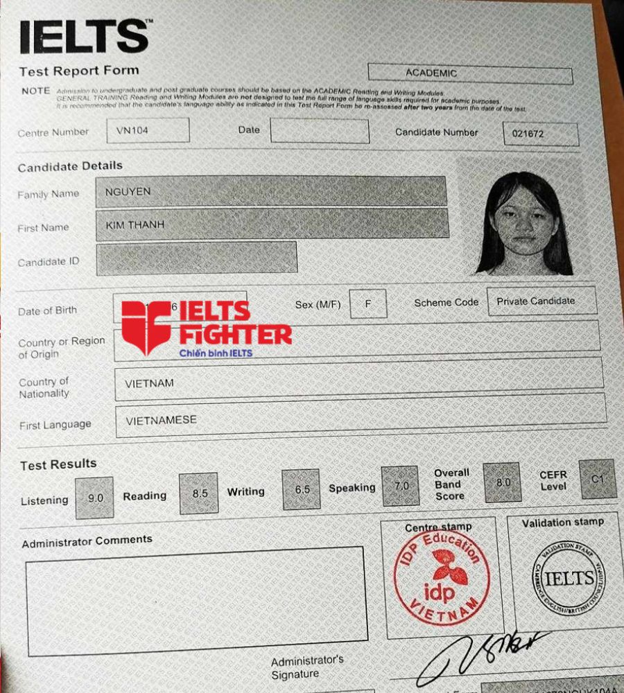 Bảng điểm kim thanh 8.0 IELTS
