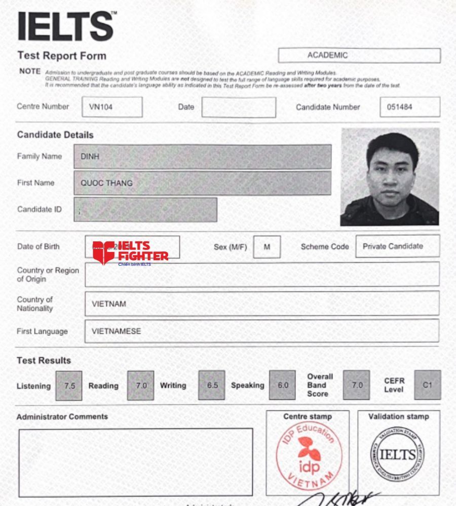 bảng điểm Quốc Thắng 7.0 IELTS 