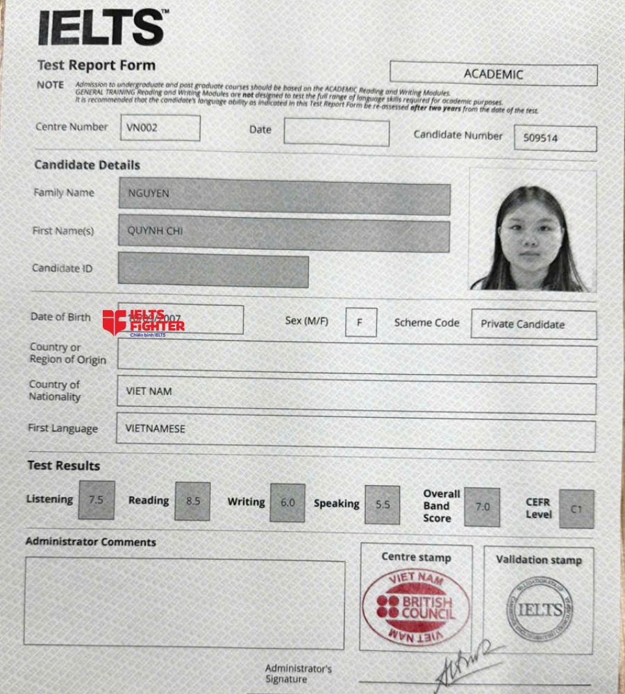 Chứng chỉ Nguyễn Quỳnh Chi 7.0 IELTS