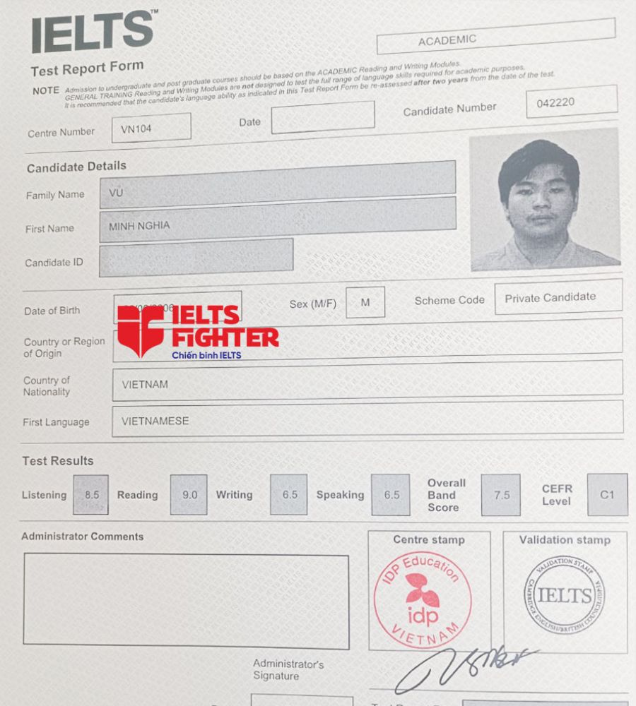 bảng điểm Minh nghĩa 7.5 IELTS