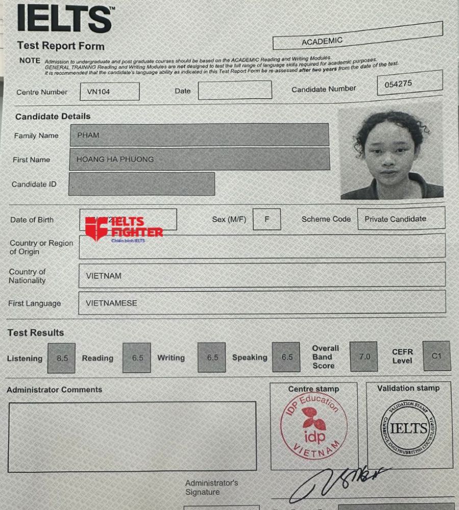 Bảng điểm Hà Phương 7.0 IELTS