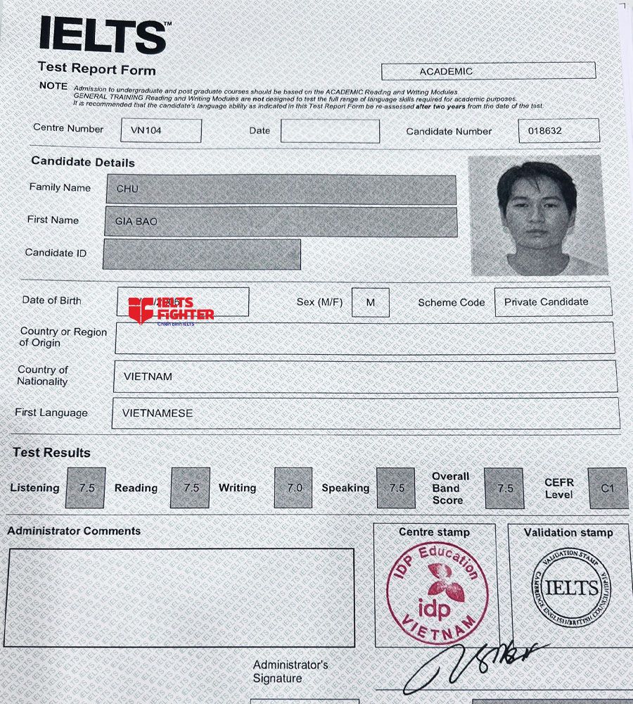 bảng điểm gia bảo 7.5 IELTS