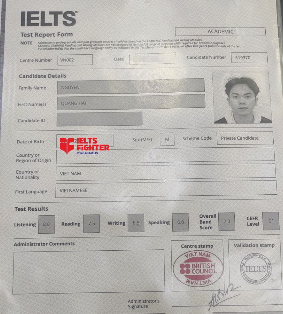 bảng điểm Quang Hải 7.0 IELTS