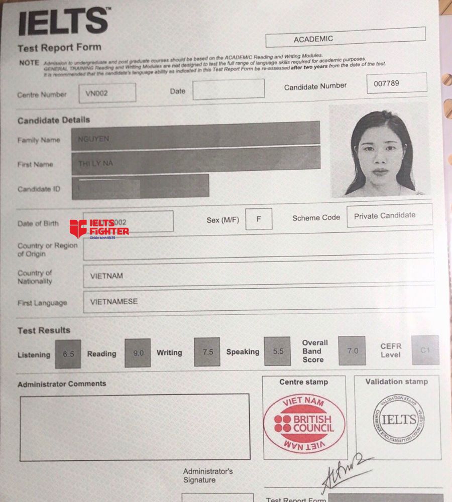 Chứng chỉ Nguyễn Thị Ly Na 7.0 IELTS