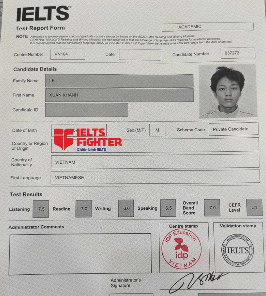 bảng điểm Xuân Khánh 7.0 IELTS