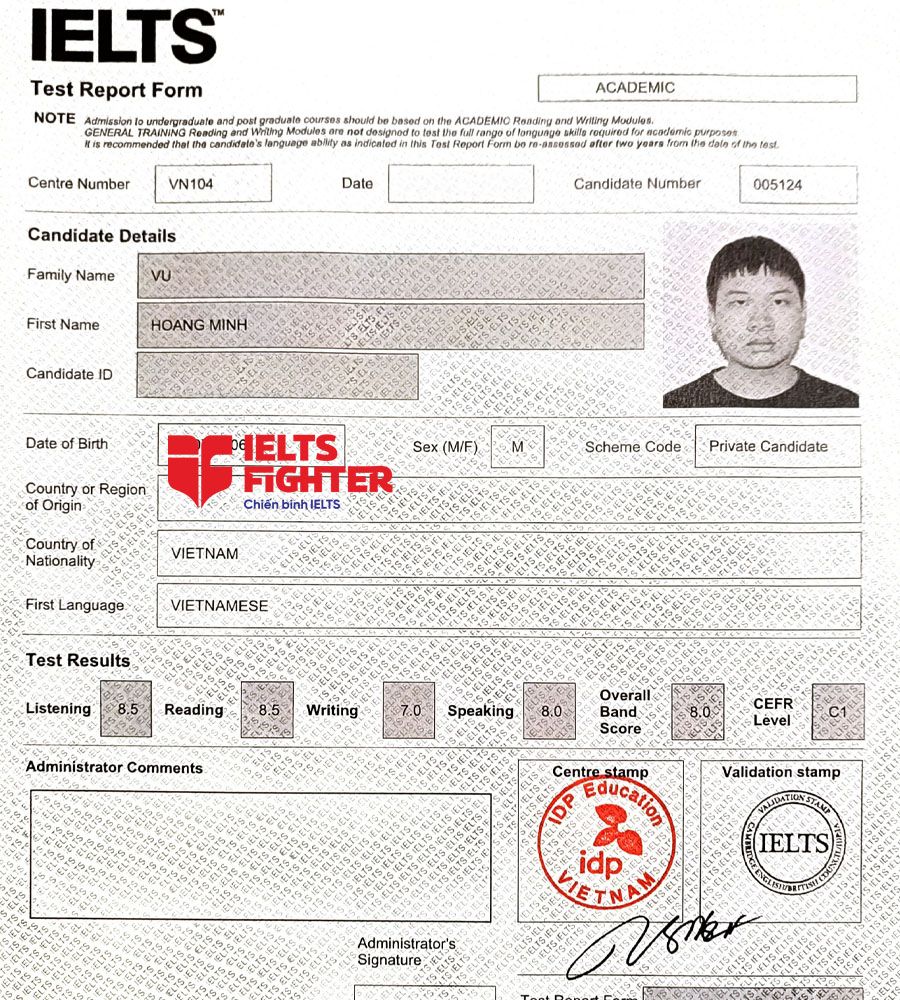 bảng điểm Minh Hoàng 8.0 IELTS