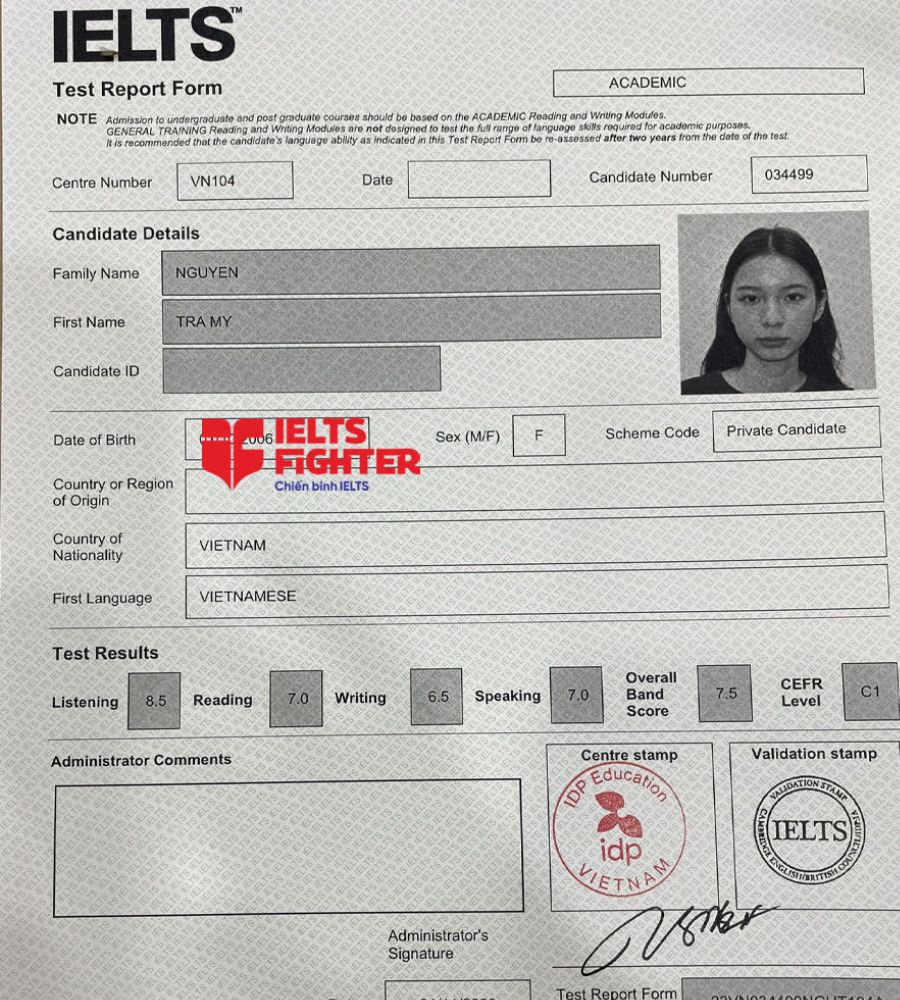 bảng điểm Hà My 7.5 IELTS