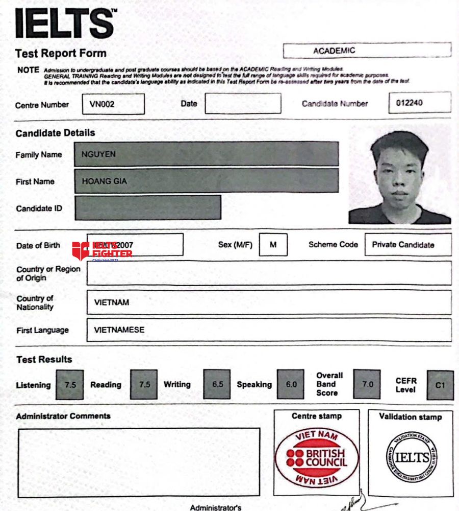 Chứng chỉ Nguyễn Hoàng Gia  7.0 IELTS