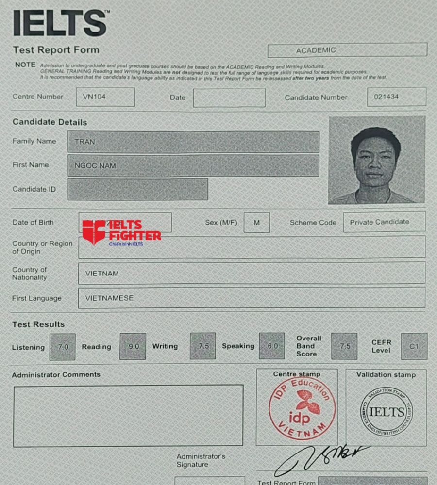 bảng điểm ngọc nam 7.5 IELTS