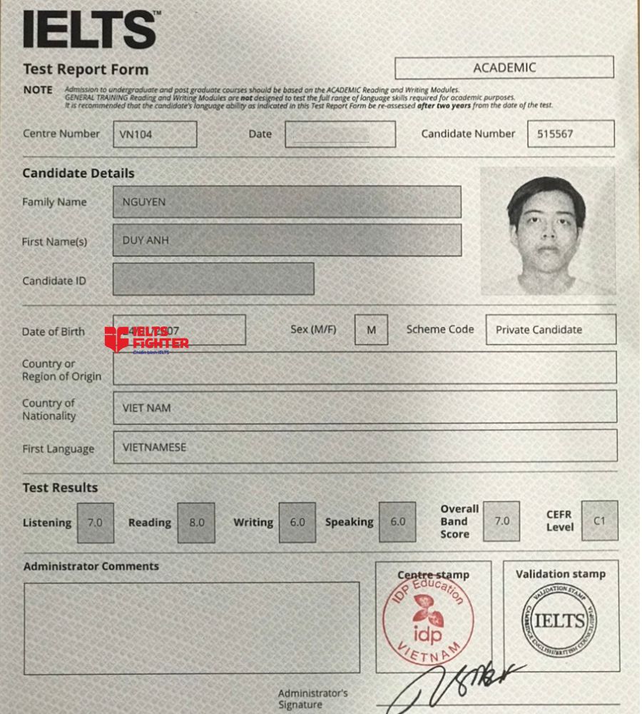 Chứng chỉ Nguyễn Duy Anh 7.5 IELTS