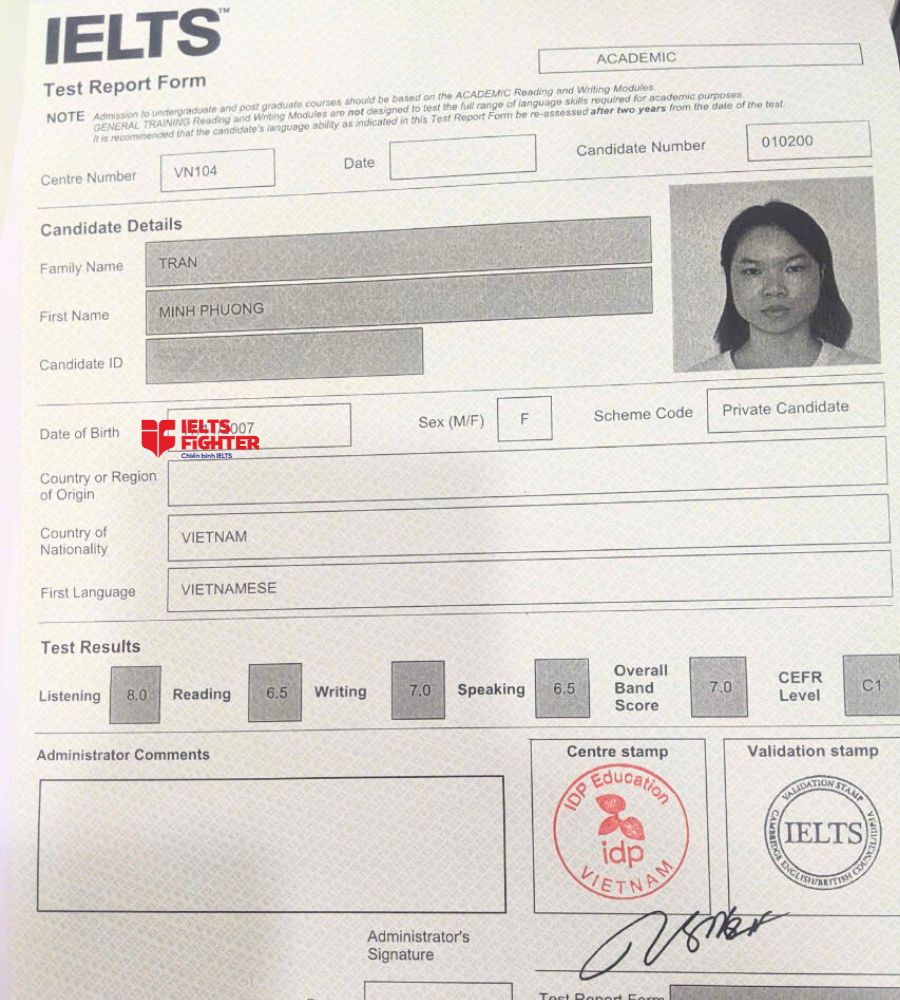 Chứng chỉ Trần Minh Phương 7.0 IELTS
