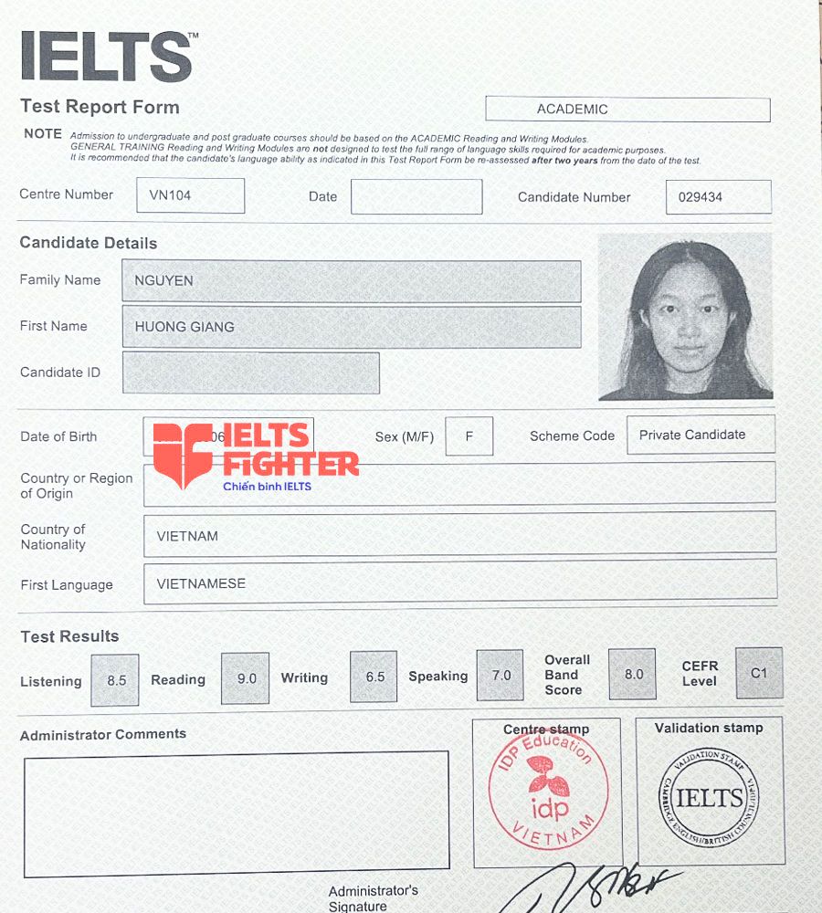 bảng điểm Hương giang 8.0 IELTS