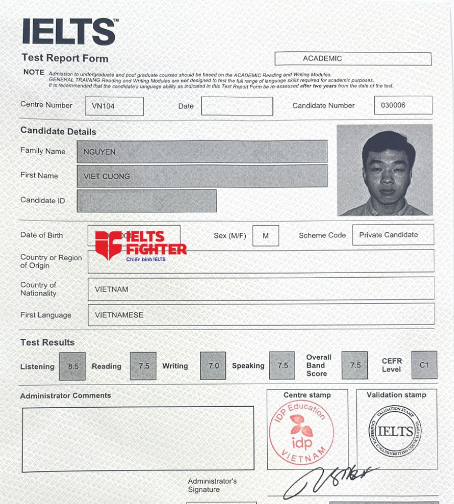 bảng điểm Việt cường 7.5 IELTS