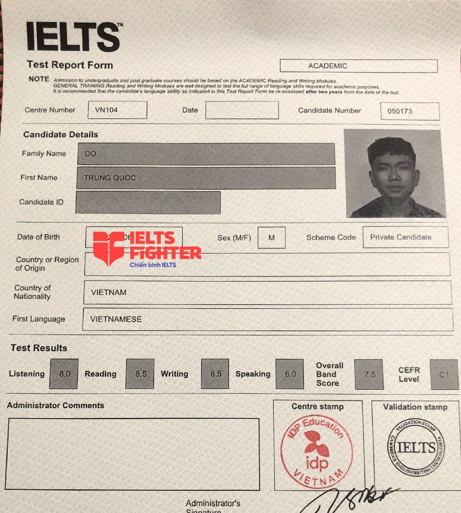 bảng điểm quốc trung 7.0 ielts