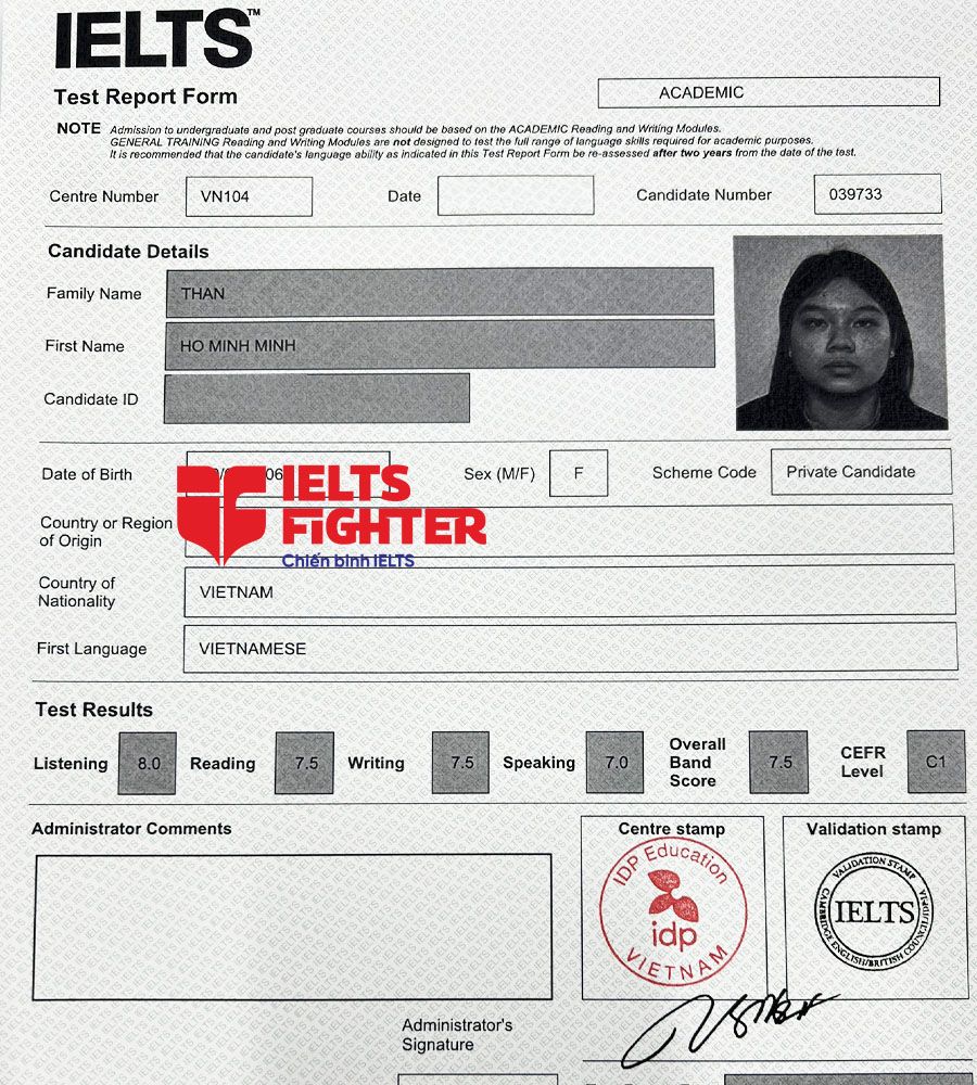 bảng điểm Minh Minh 7.0 IELTS