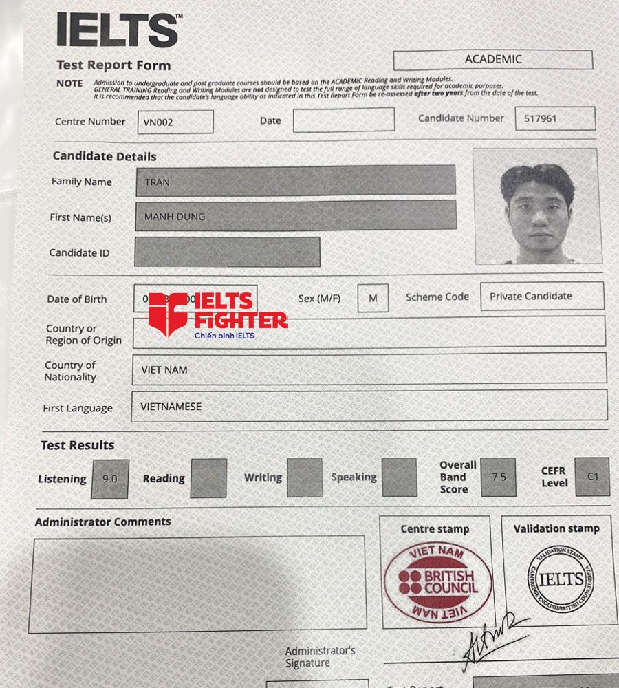 bảng điểm mạnh dũng 7.5 IELTS
