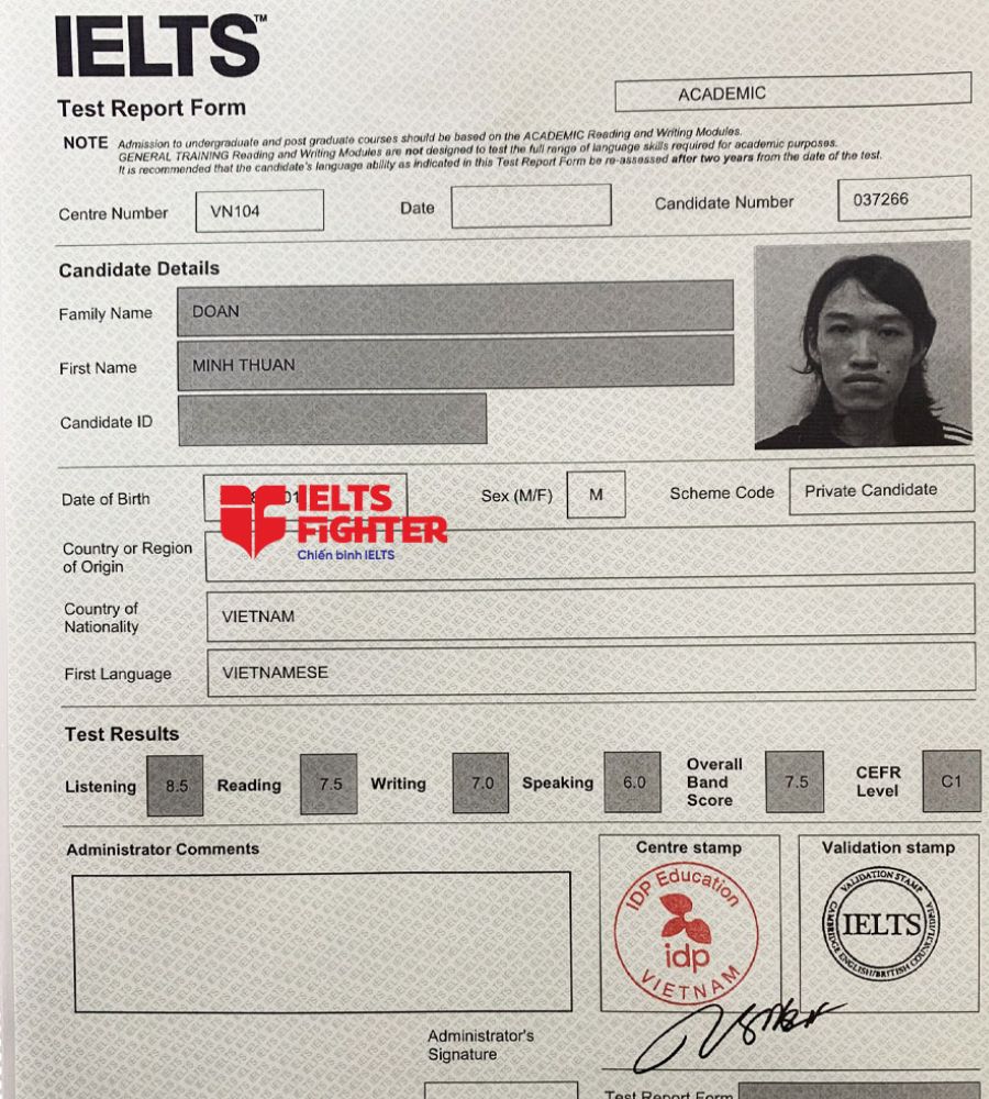 bảng điểm Minh Thuận 7.5 IELTS