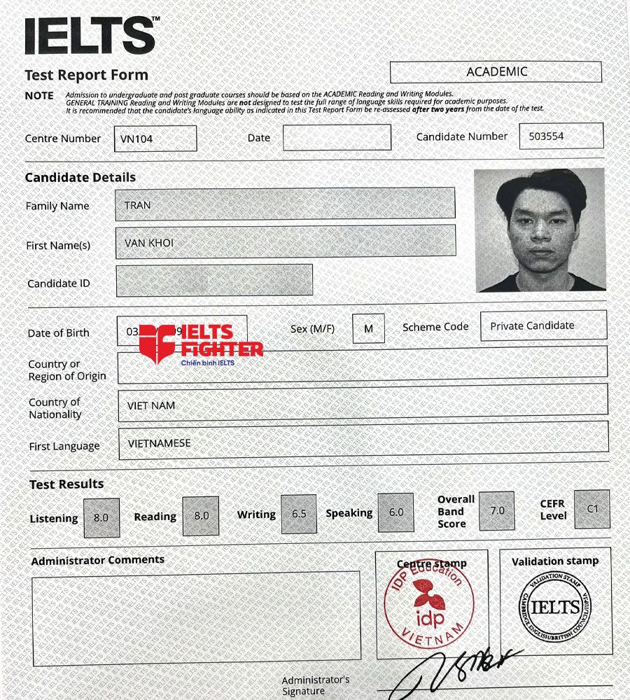 bảng điểm Văn Khôi 7.0 IELTS