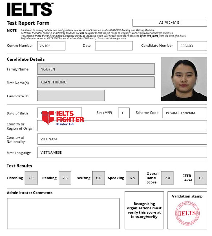 bảng điểm xuân thương 7.0 IELTS