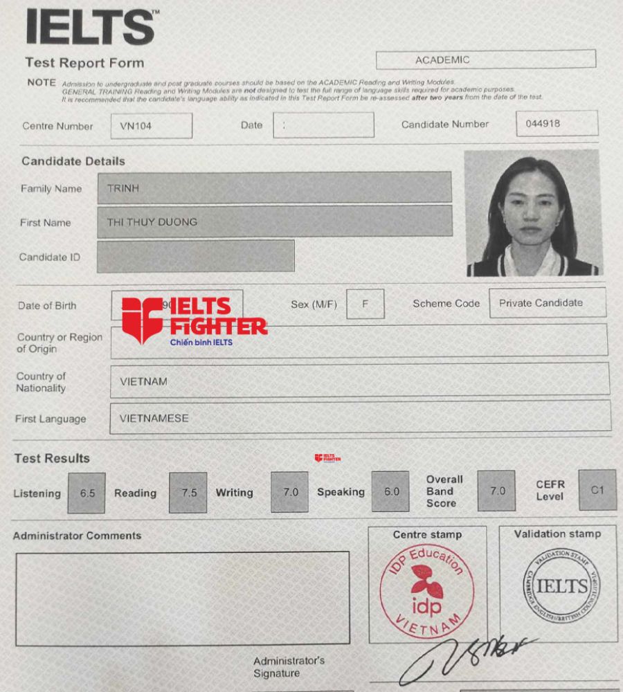 bảng điểm Thùy Dương 7.0 IELTS
