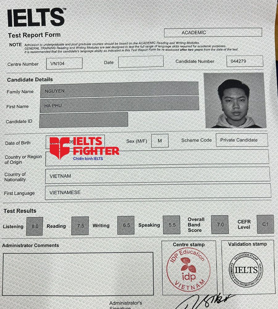 bảng điểm Hà Phú 7.0 IELTS