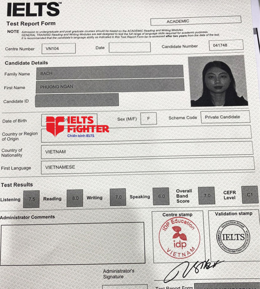 bảng điểm Phương Ngân 7.0 IELTS
