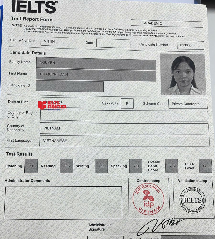 Chứng chỉ Nguyễn Thị Quỳnh Anh 7.5 IELTS