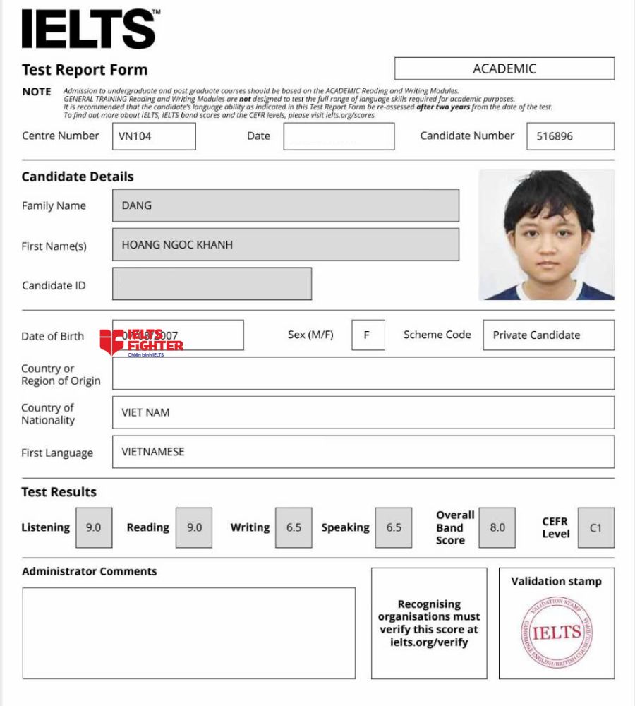 Chứng chỉ Đặng Hoàng Ngọc Khánh 8.0 IELTS
