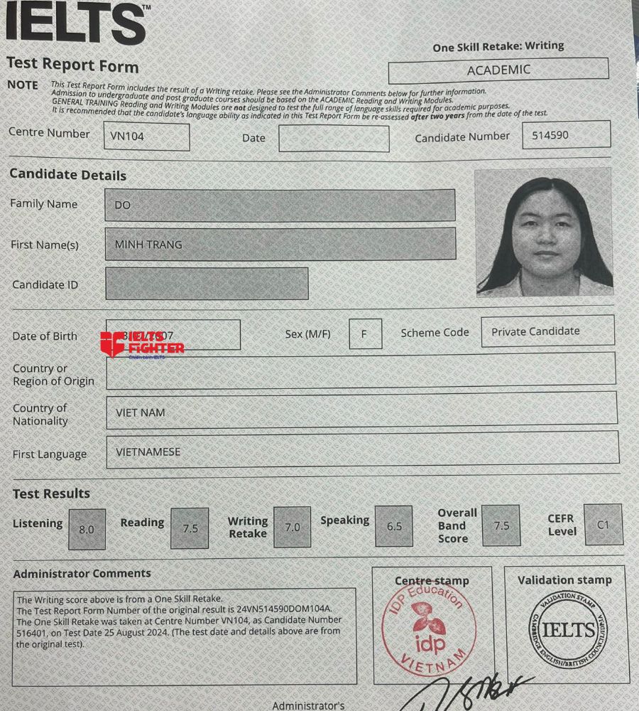 Chứng chỉ Đỗ Minh Trang 7.5 IELTS