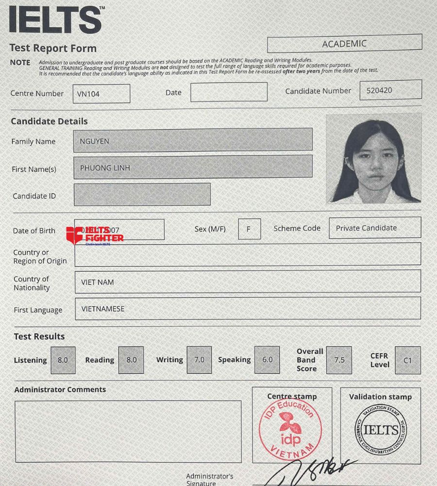 Chứng chỉ Nguyễn Phương Linh 7.5 IELTS
