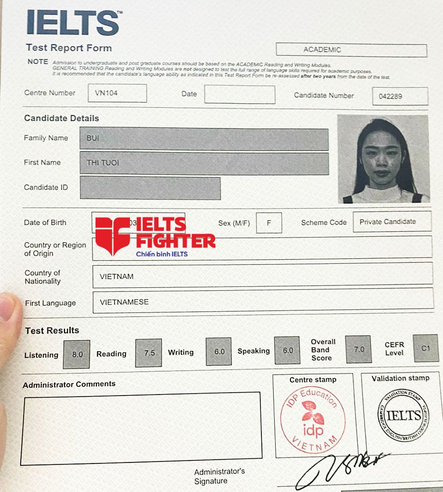 Bảng điểm Bùi Tươi 7.0 IELTS