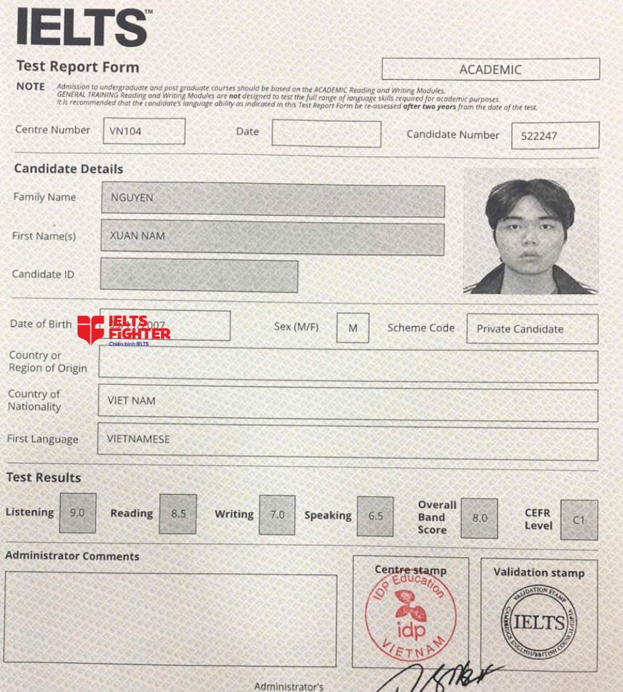 Chứng chỉ Nguyễn Xuân Nam  8.0 IELTS