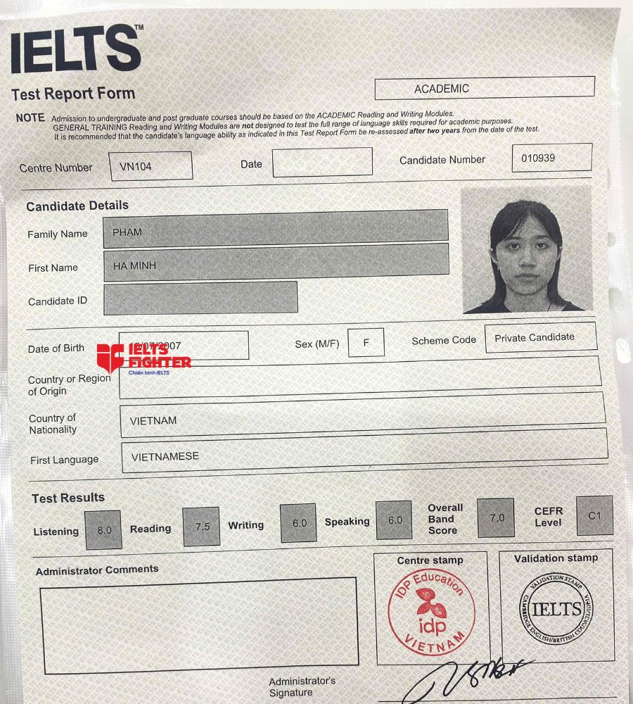 Chứng chỉ Phạm Hà Minh  7.0 IELTS