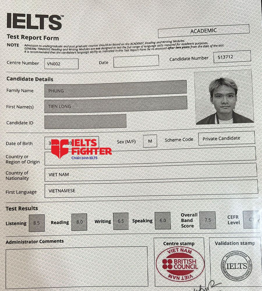 bảng điểm Tiến Long 7.5 IELTS