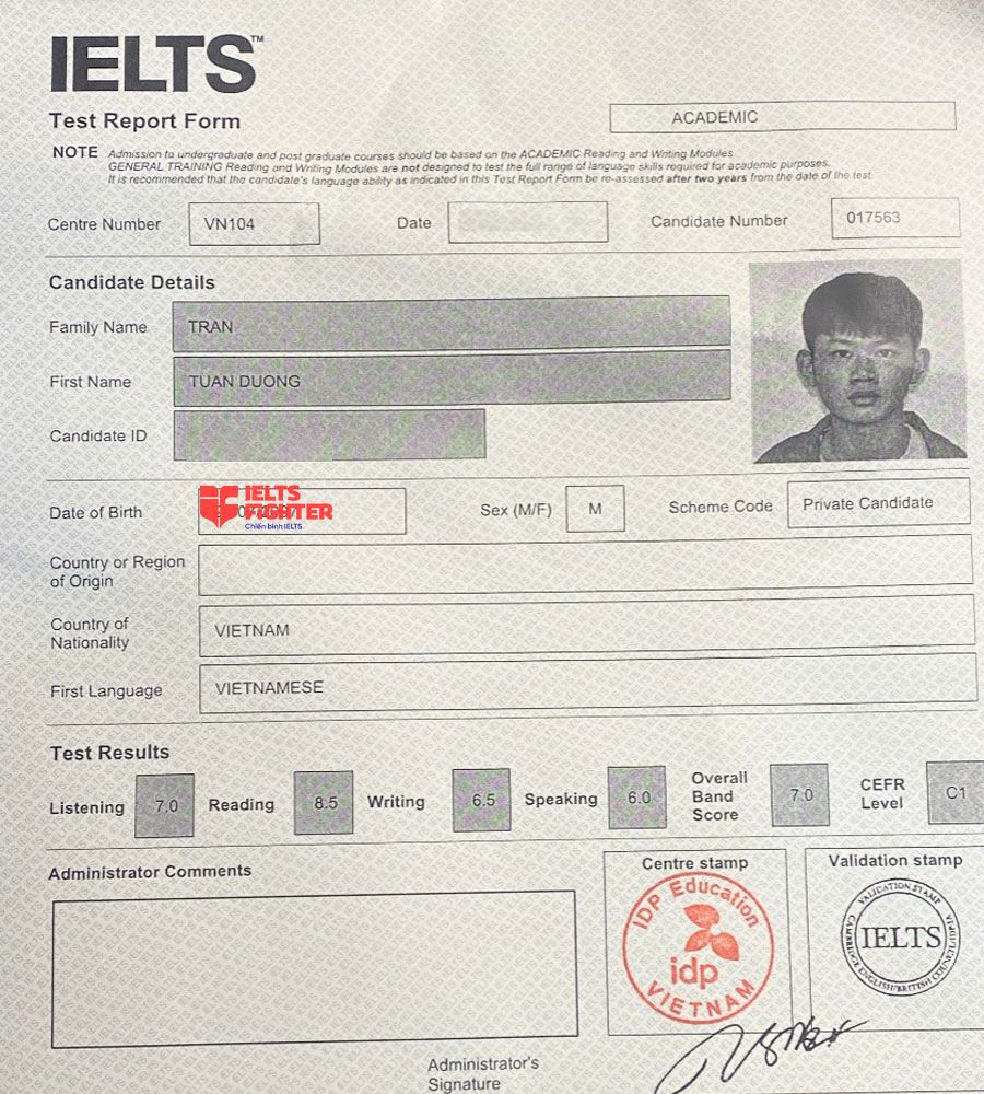 bảng điểm Tuấn Dương 7.0 IELTS