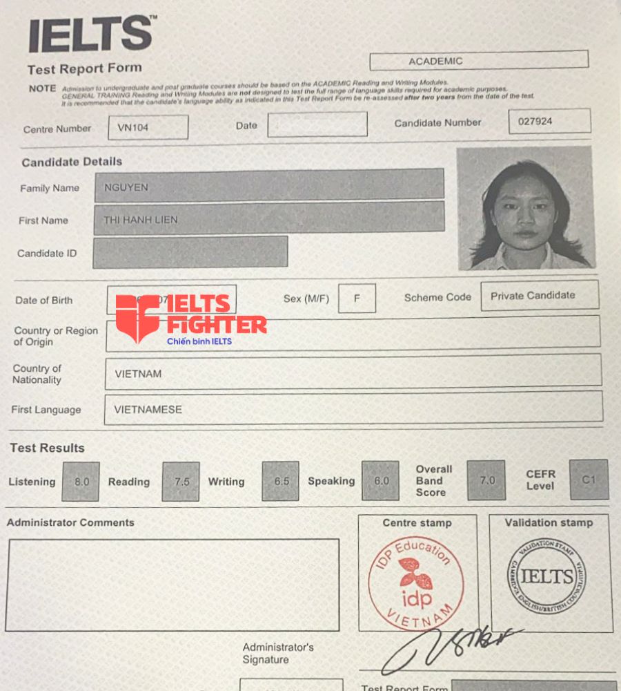bảng điểm hạnh liên 7.0 ielts