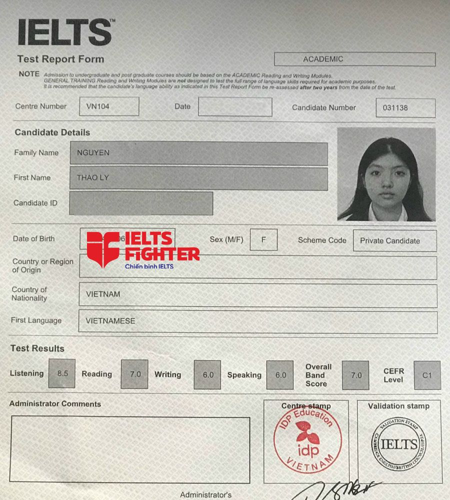 bảng điểm thảo ly 7.0 ielts