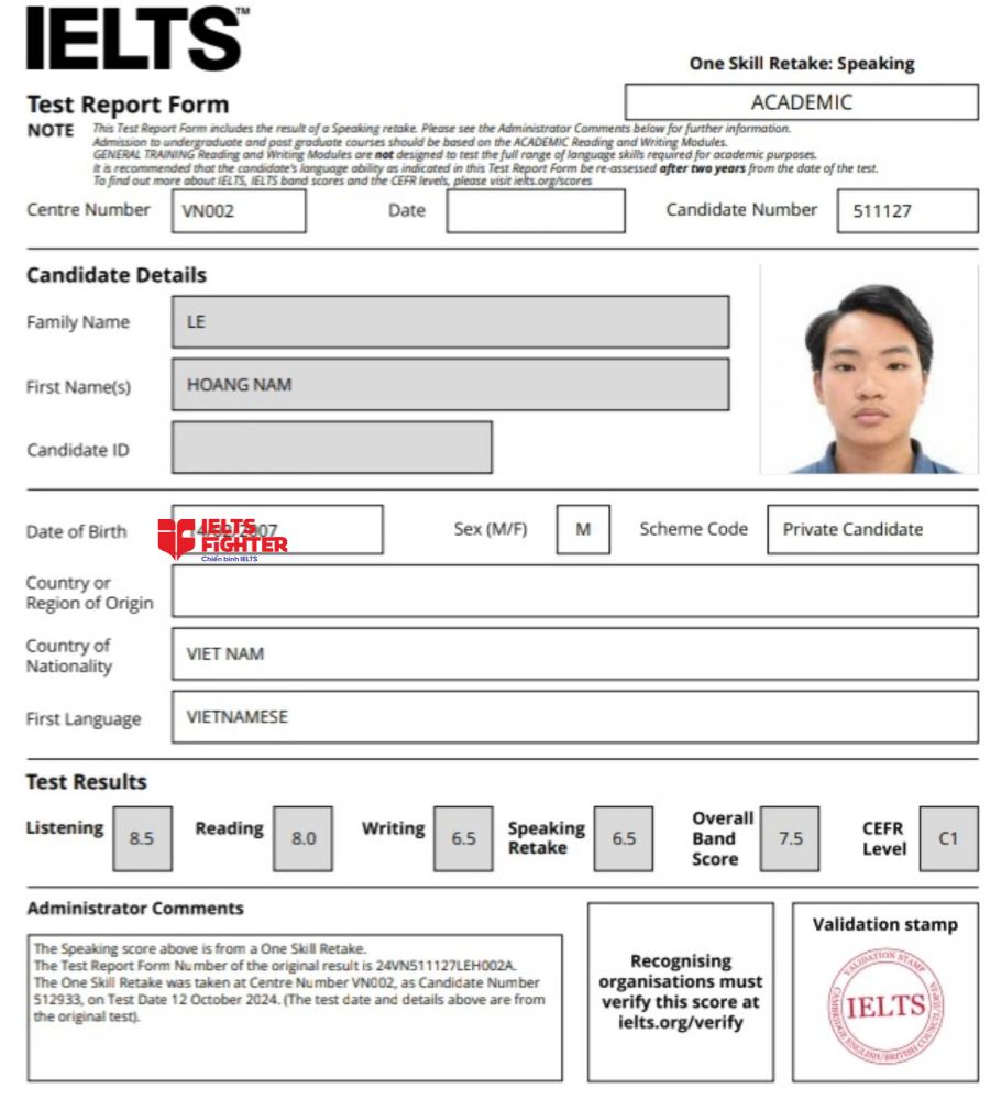 Chứng chỉ Lê Hoàng Nam 7.5 IELTS