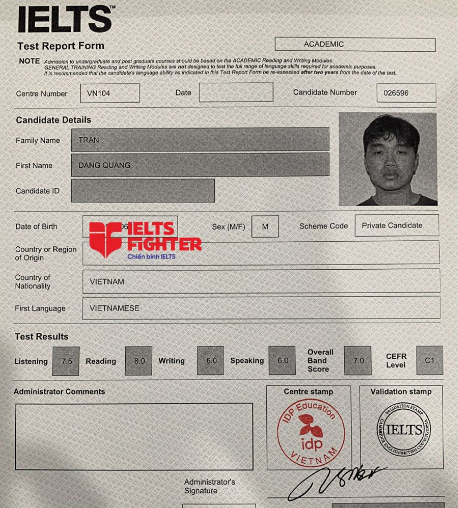 bảng điểm đăng quang 7.0 IELTS