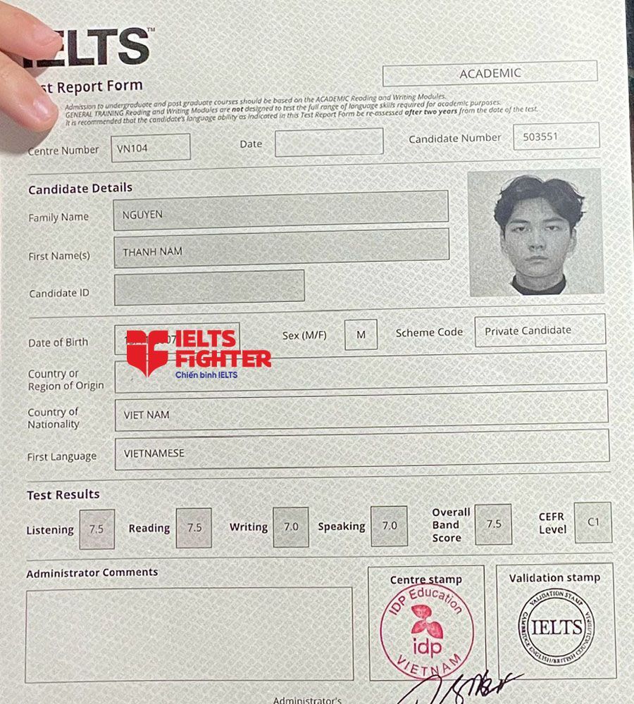 bảng điểm nguyễn thành nam 7.5 ielts