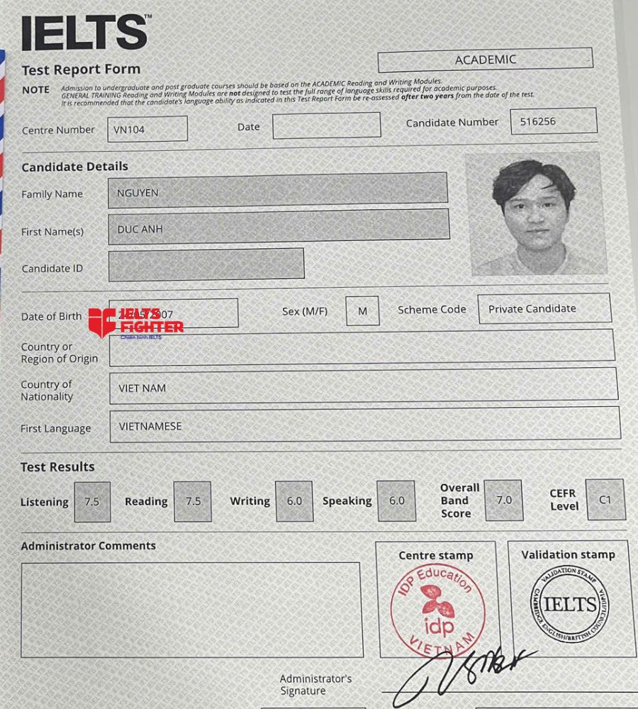 Chứng chỉ Nguyễn Đức Anh 7.0 IELTS