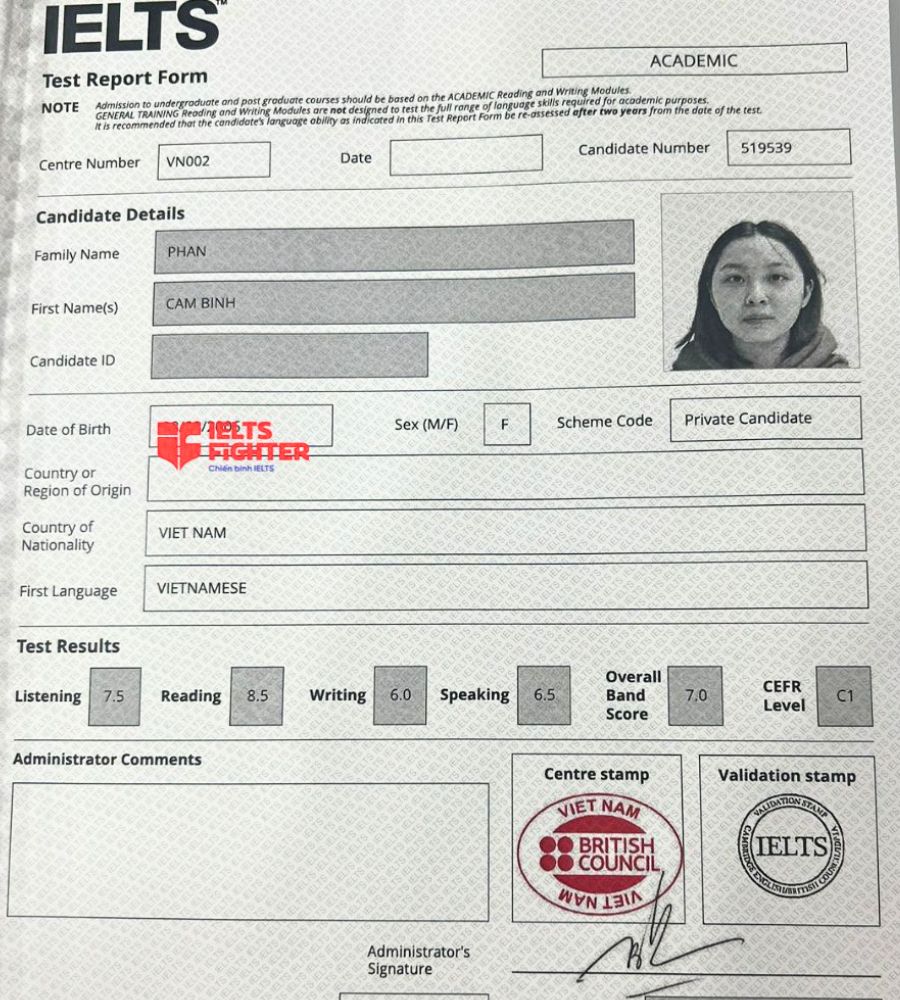 bảng điểm Phan Cẩm Bình 7.0 IELTS