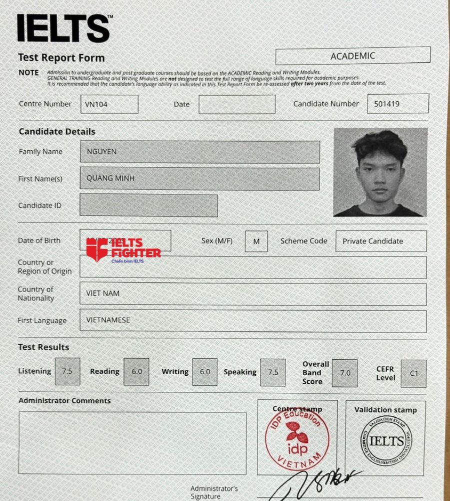 bảng điểm Nguyễn Quang Minh 7.0 IELTS