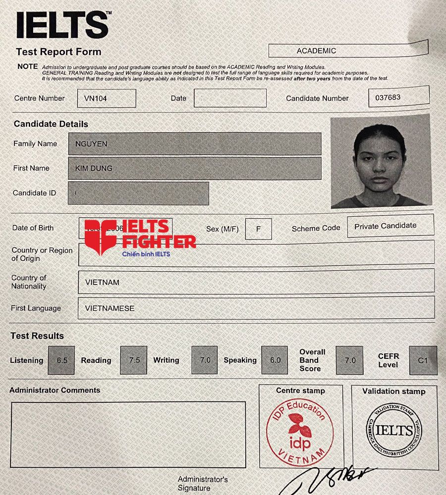 bảng điểm Kim Dung 7.0 IELTS