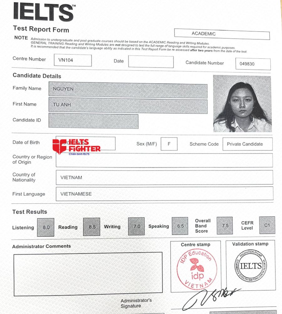 bảng điểm Tú Anh 7.5 IELTS