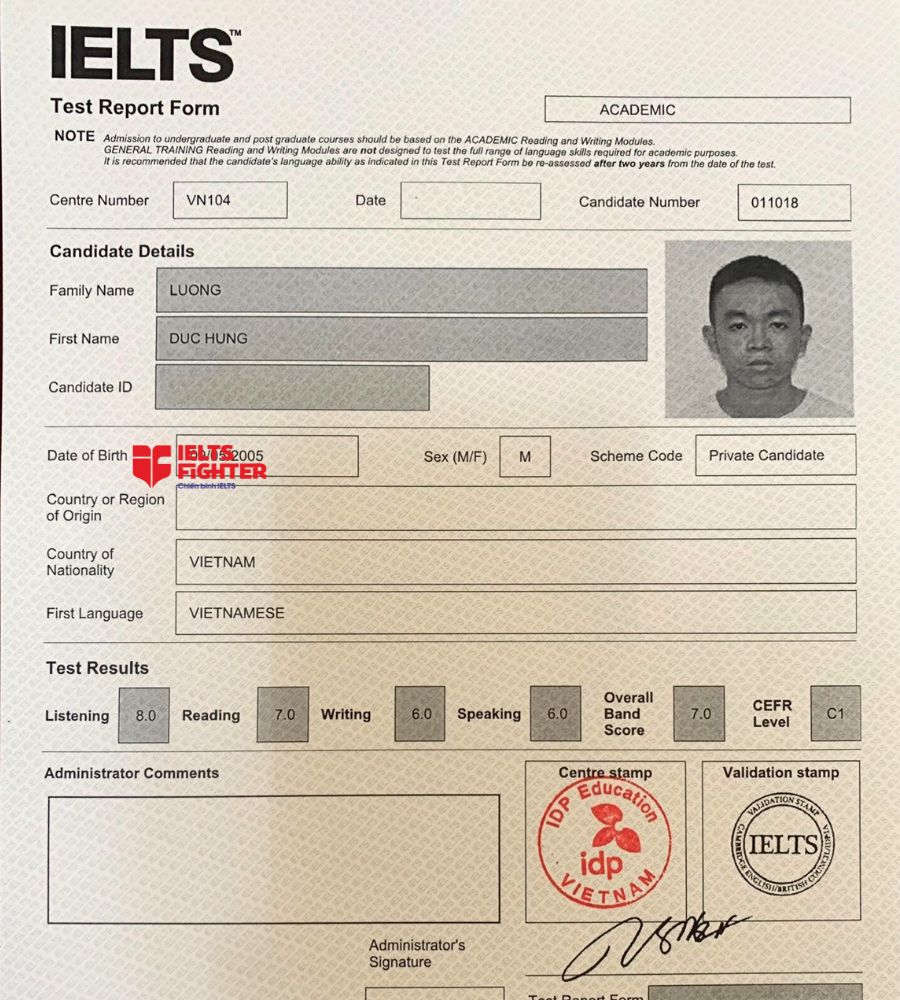 đức hùng 7.0 IELTS bảng điểm