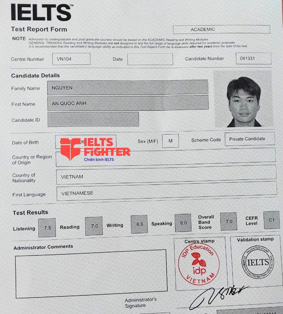 bảng điểm Quốc Anh 7.0 IELTS 