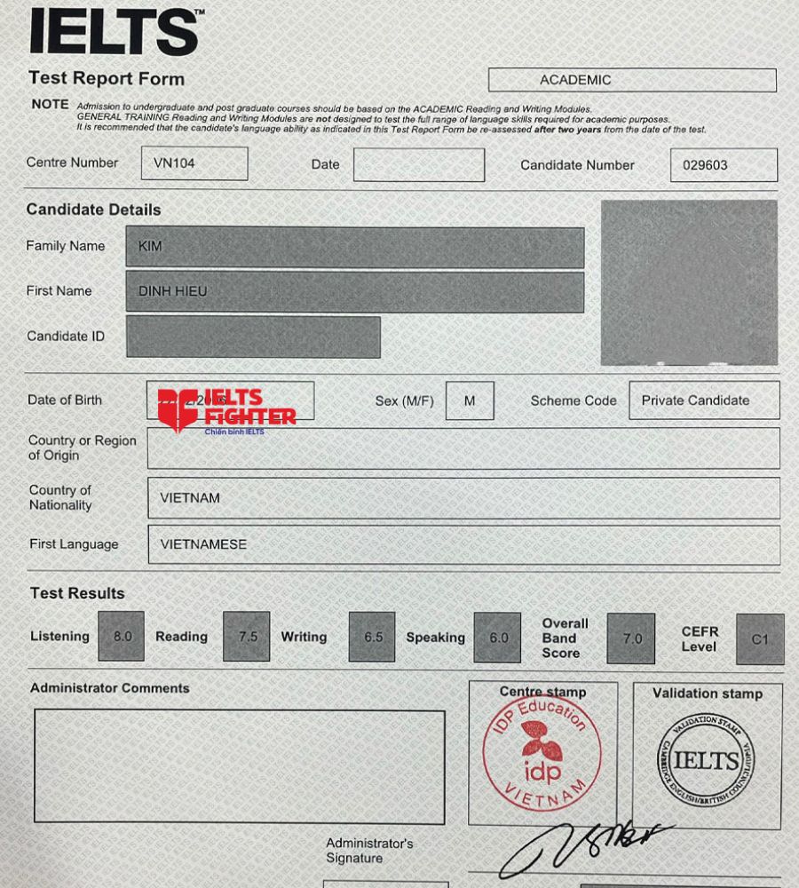 bảng điểm Đình Tú 7.0 IELTS