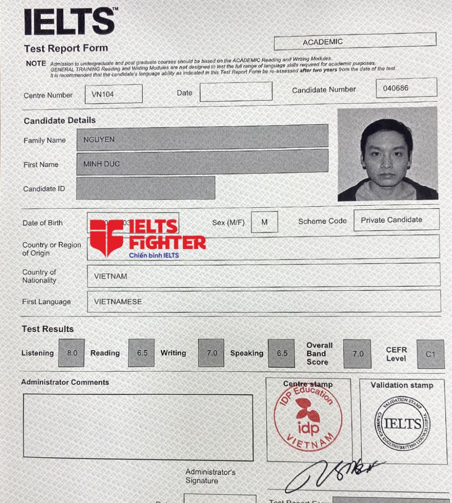 bảng điểm minh đức 7.0 IELTS