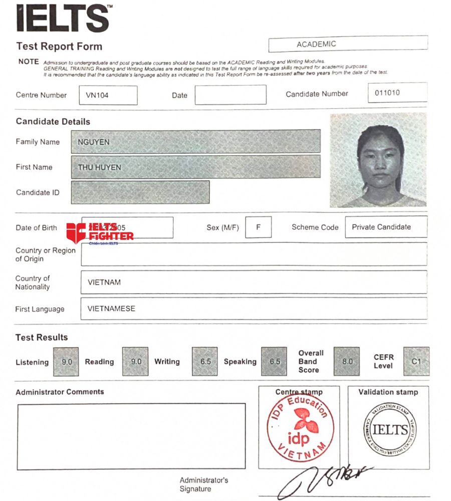 bảng điểm thu huyền 8.0 IELTS 
